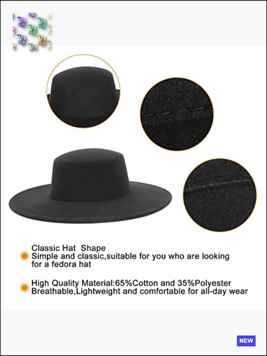 Classic Felt Fedora Hat Wide Brim Flat Top Jazz Panama Party Hat Adjustable